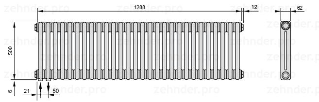 Схема (чертеж) Радиатор Zehnder Charleston 2050/28 №3370 Белый глянцевый RAL 9016